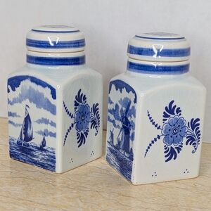 Vintage Pair Blue Delft Spice Jars Ceramic Lidded Holland Canisters